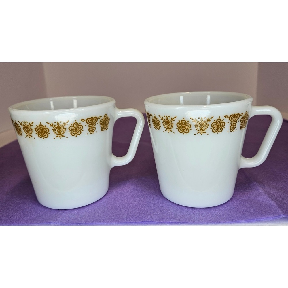 Vintage Pyrex Butterfly Gold Milk Glass Mugs Set of‎ 2 Coffee Tea Cups